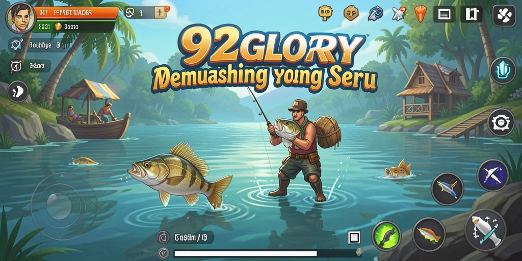 Tampilan gameplay seru dalam 92GLORY saat menangkap ikan.