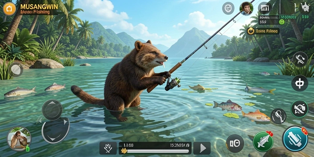 Tampilan gameplay MUSANGWIN dengan suasana memancing yang menenangkan.