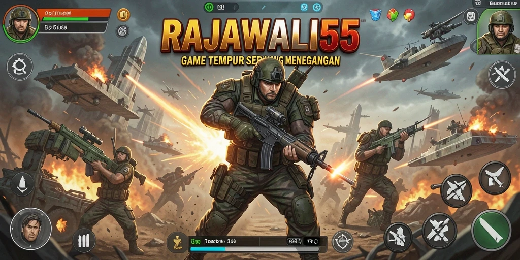 Screenshot utama RAJAWALI55 menampilkan aksi tempur yang intens.