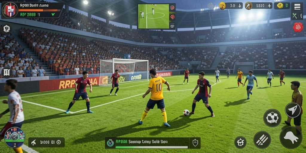 Gameplay seru dalam RP888, menampilkan aksi sepak bola yang mendebarkan.